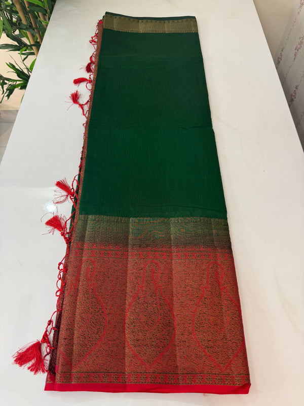 Jute silk sarees with contrast pallu & blouse MJL3412 BottleGreen to Red