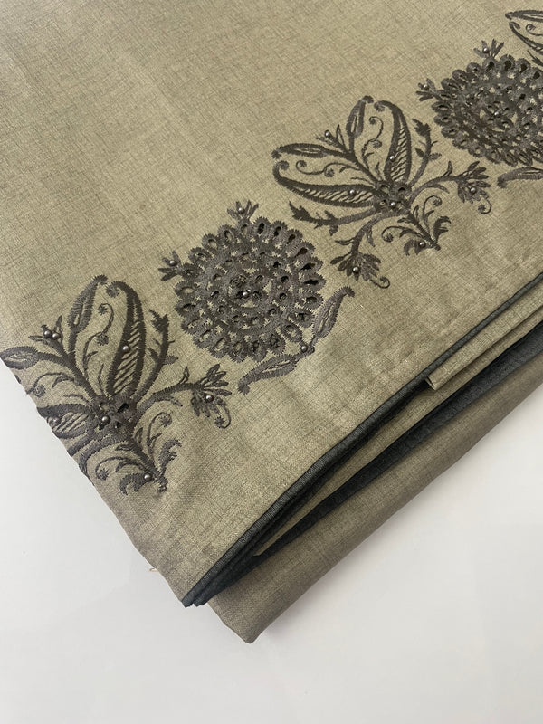 Semi tussar saree with cutwork and pearl beads- MSS683 MochaBrown