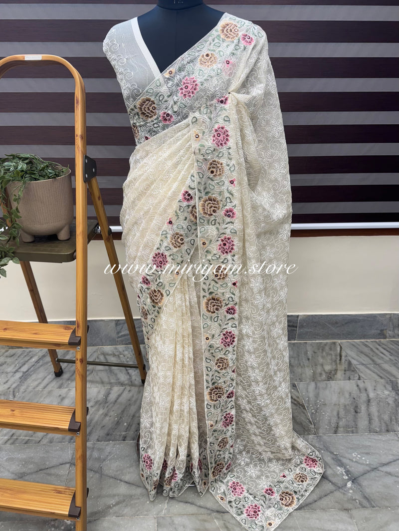 Phulkari NetKota Embroidery saree - OffWhite