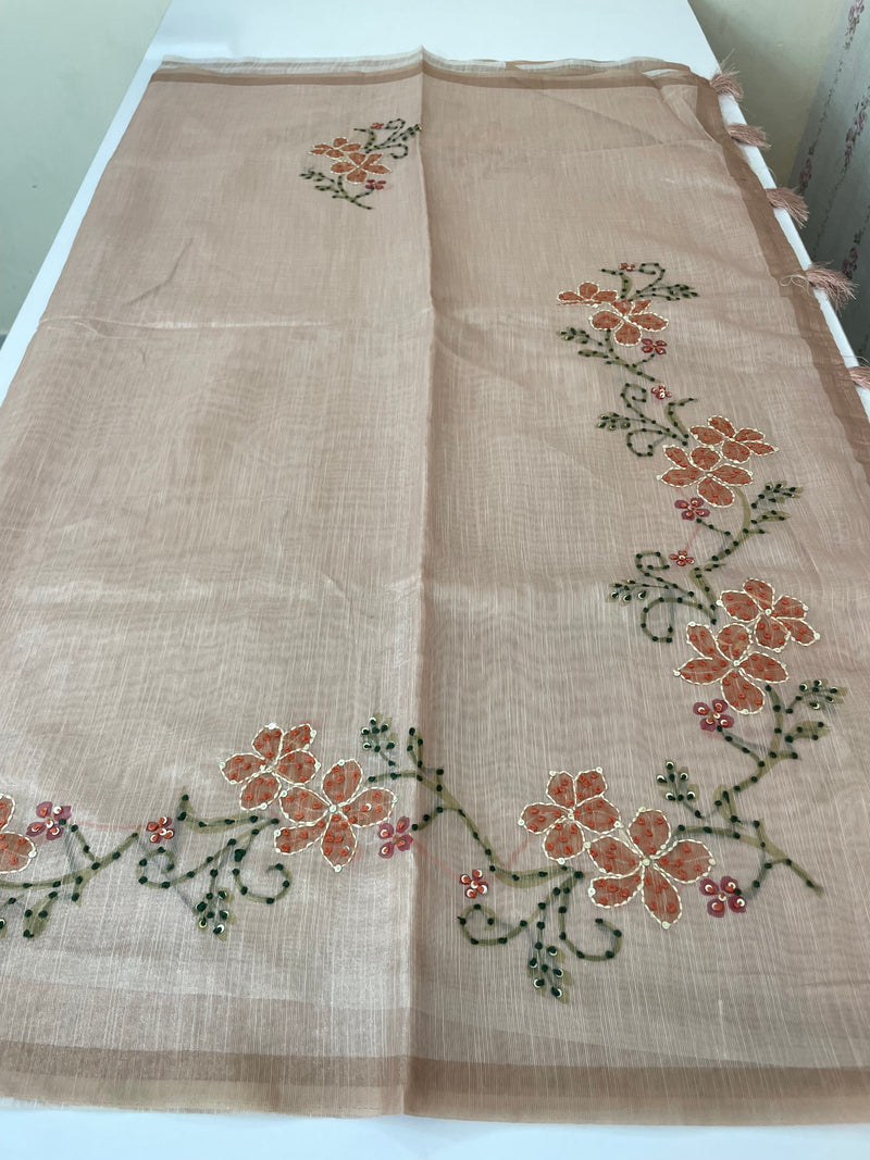 Soft Tissue linen saree with kanta embriodery saree FBLK72 - DuskyPeach