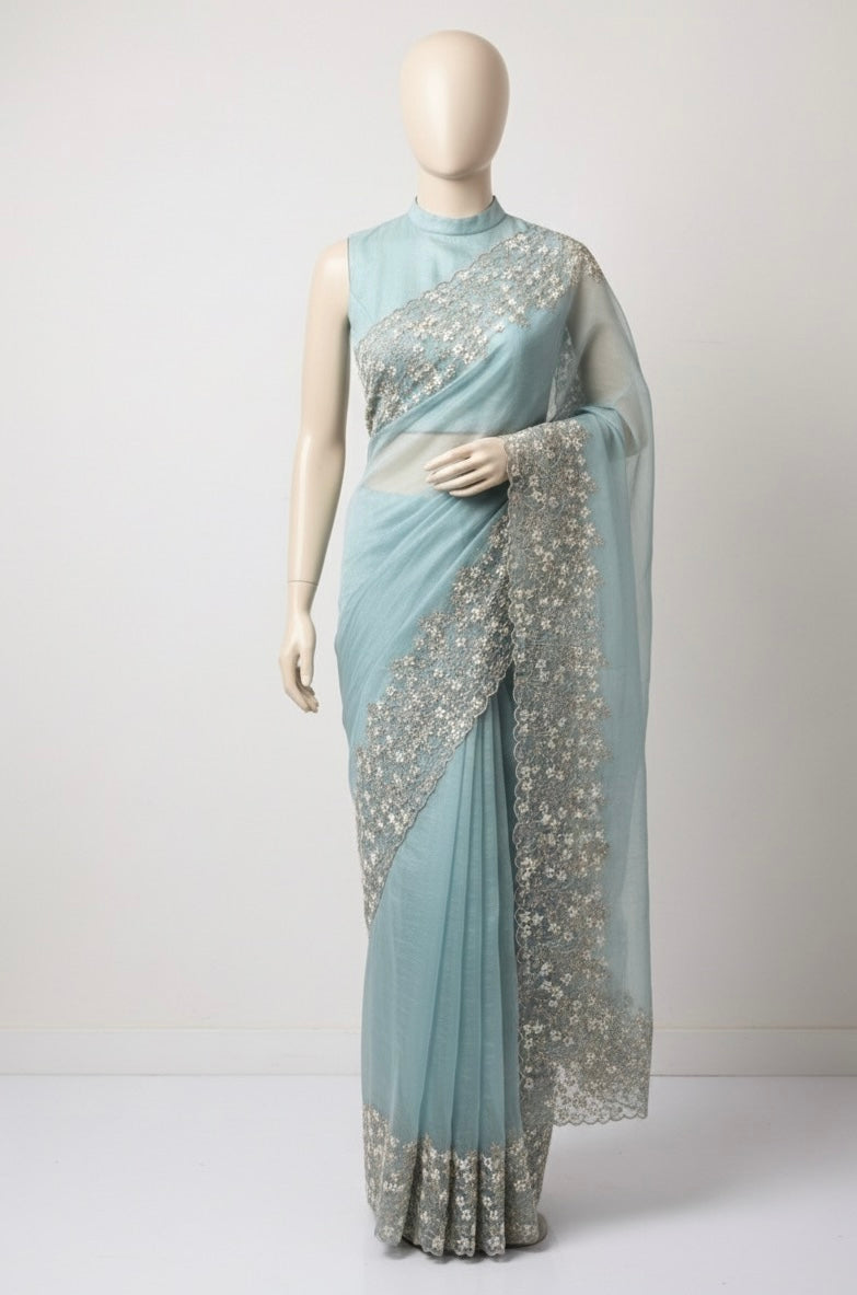 Crush tissue Organza saree with embroidery work MS14791 -PastelBlue