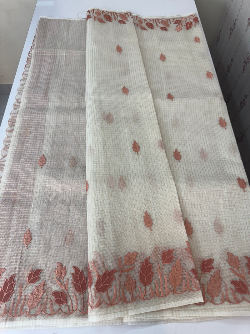 Tissue silk saree with zari checks and applique work  MSH105- Offwhite to DuskyPeach