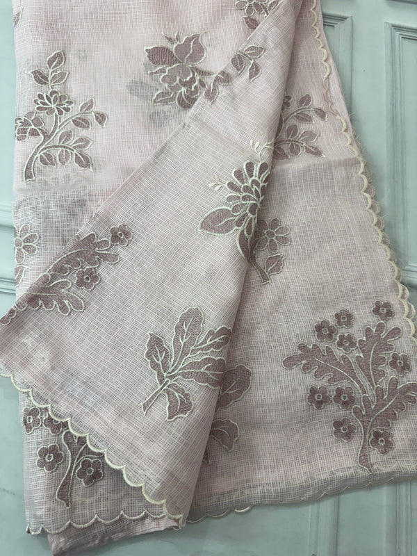 Soft kota silk saree with applique embroidery and scalloped border MS15232- PastelPink