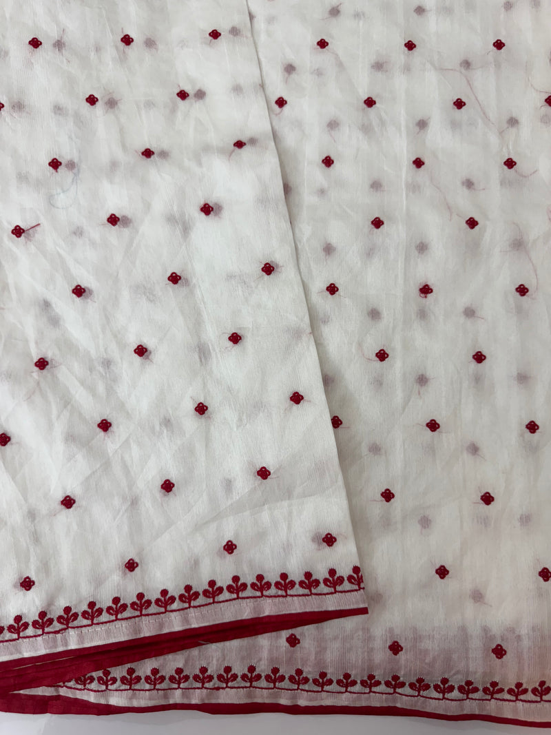 Blended tussar saree with embriodery - MS14401 White and Red