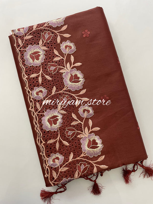 Cutwork semi tussar saree MCTT218 BRICK BROWN