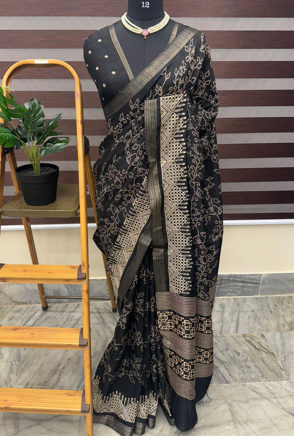 Blended Bandhani tussar silk saree with cutwork MTBF313 Black