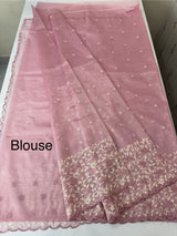 Glassy tissue organza saree with embroidery FKSF133- PastelPink
