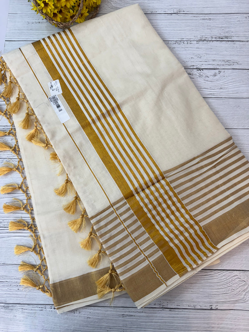 Kerala cotton saree  with one side thick border- Gold