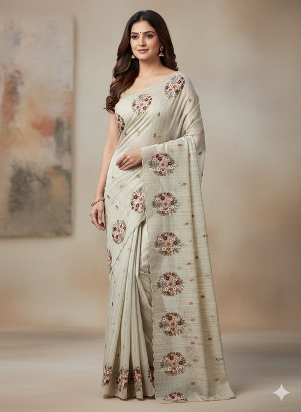 Silky kota embroidery saree with scalloped borders MSK877