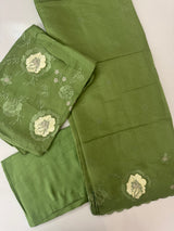 Unstitched Malai chanderi suit set with applique work- MK157 Green