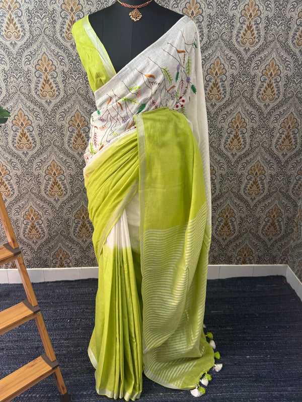 Linen blend Saree with hand embriodery MLS611
