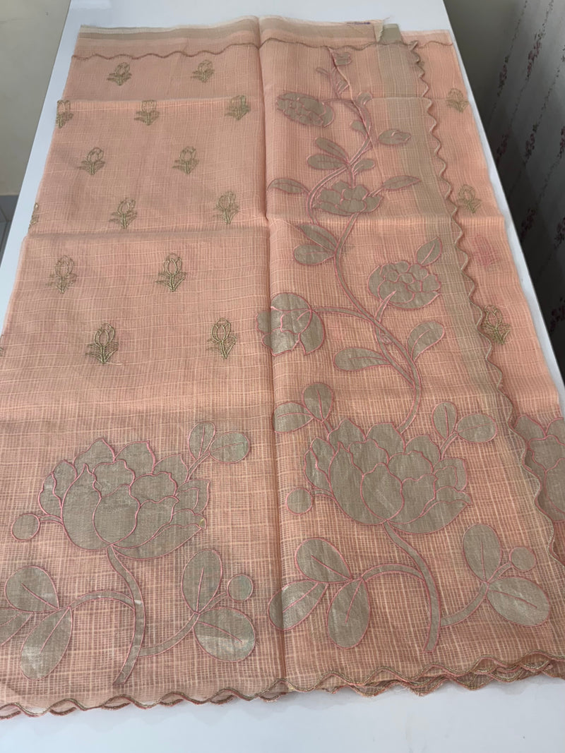 NetKota saree with tissue applique work MS15145- PastelPeach
