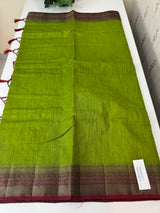 Jute silk sarees with contrast pallu & blouse MJL396 - ParrotGreen to MaroonRed