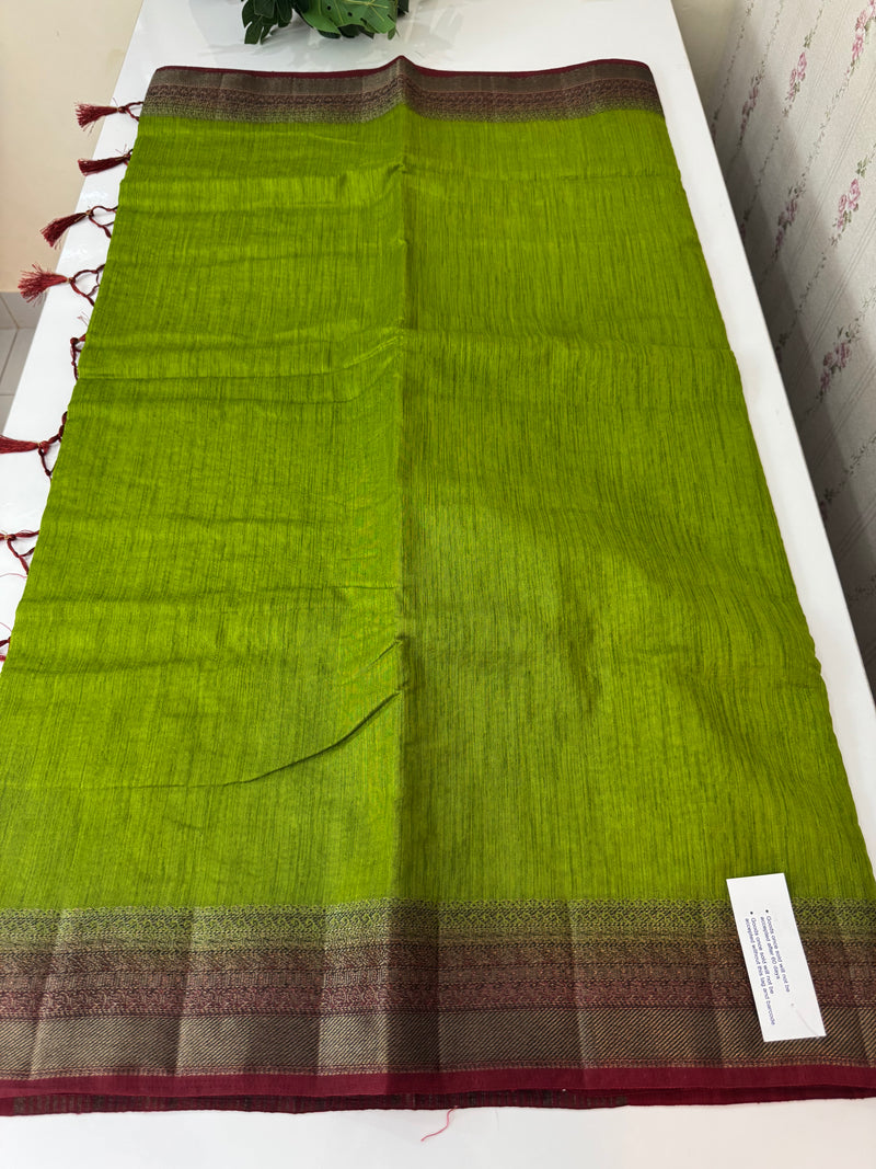 Jute silk sarees with contrast pallu & blouse MJL396 - ParrotGreen to MaroonRed