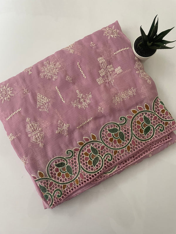 Chinnon Saree with cutwork- MCCR214 Dusty Lilac