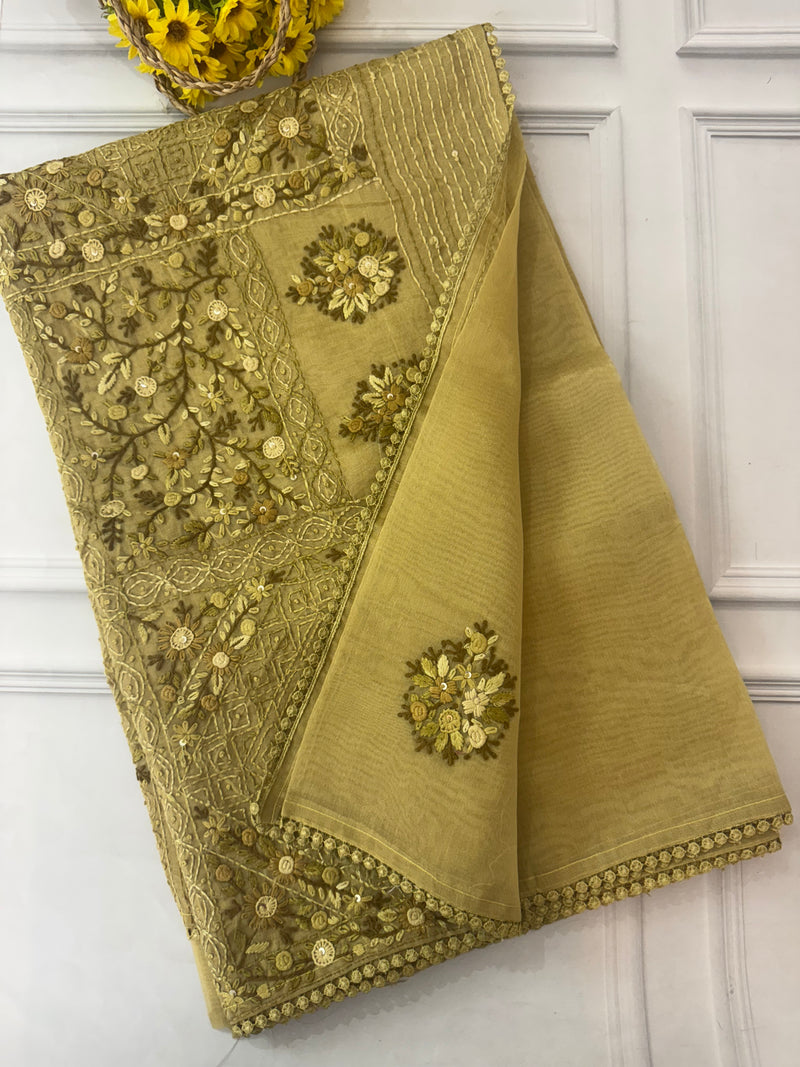 Handworked Tissue silk saree with French knots FBLK162 YellowMixGreen