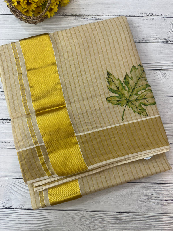 Crushed Kerala tissue cotton saree - Leaf digital Prints