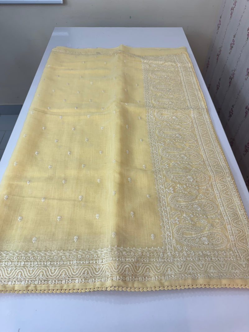 Semi linen saree with chikanakari embroidery- MS15086 PastelYellow