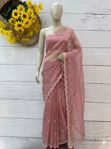 Glassy tissue organza saree with embroidery FKSF121- PeachPink