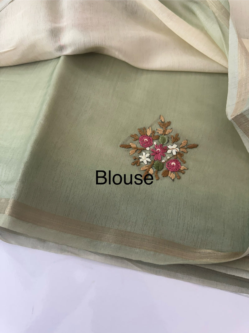 Kosa Tussar silk saree with hand embriodery - MS8199 DuskyGreen