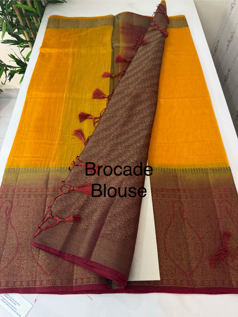 Jute silk sarees with contrast pallu & blouse MJL3412 Mustard to Maroon