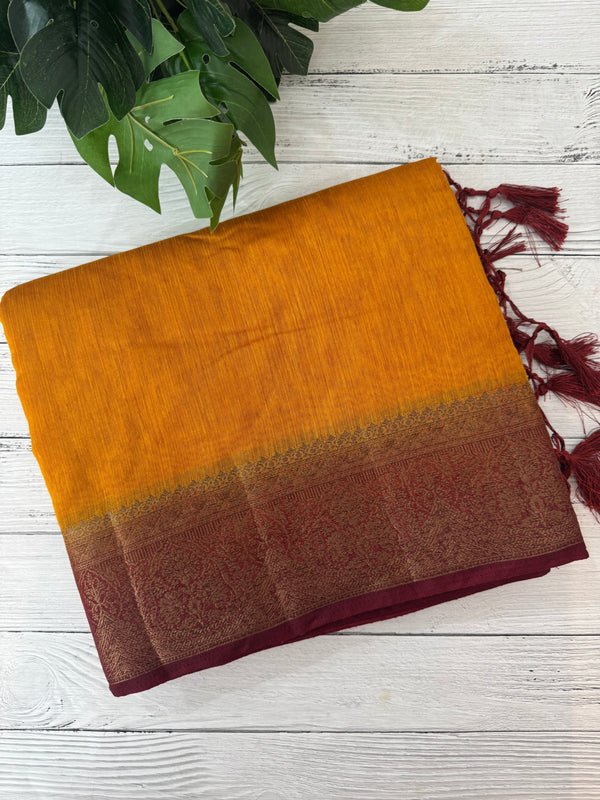 Jute silk sarees with contrast pallu & blouse MJL396- Mustard to maroonred