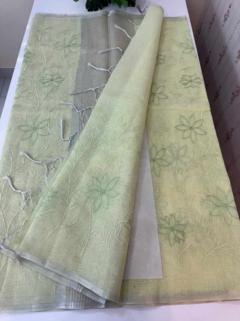 Tissue Linen Saree with embroidery MRS786- Pastel PistaGreen