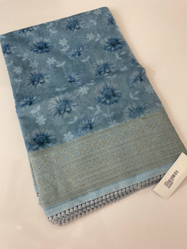 Supernet saree with digital prints and chikankari border SKFNSEM