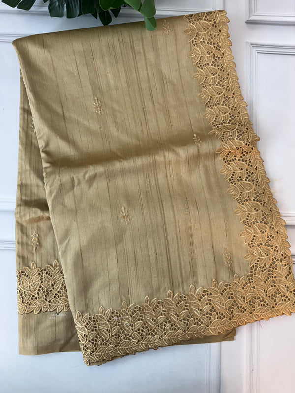 Blended tussar saree with cutwork - MSHK122 Goldencream