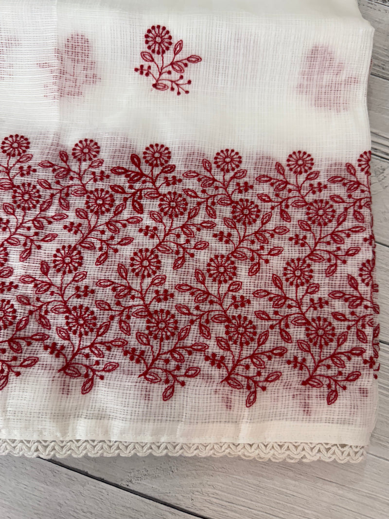 Soft kota checks saree with embroidery - SVTS38 white & red