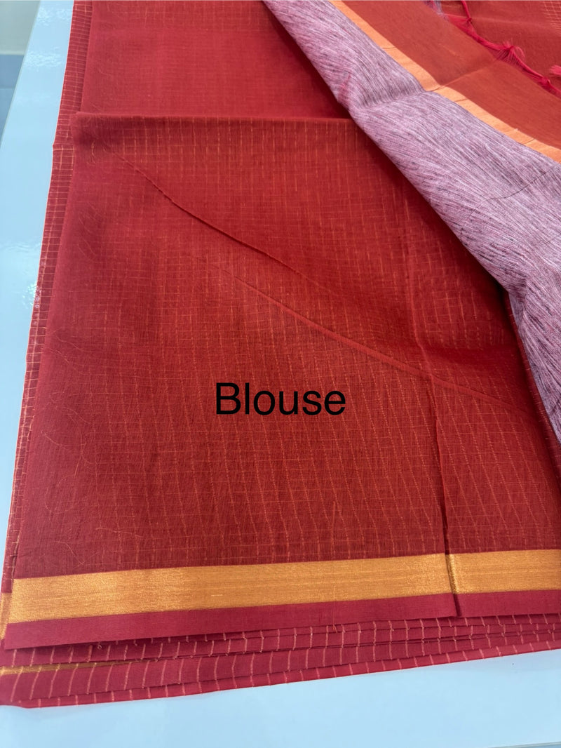 Mangalagiri Silk Cotton Saree with zari checks MS90321 RustOrange