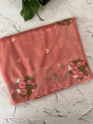 Glass tissue organza saree with embroidery MSF125 Peach