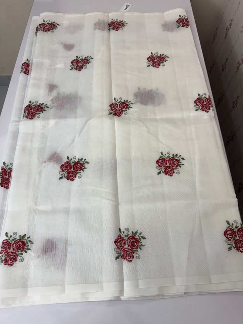 Supernet saree with cross stitch embroidery MCJ874 white & Red