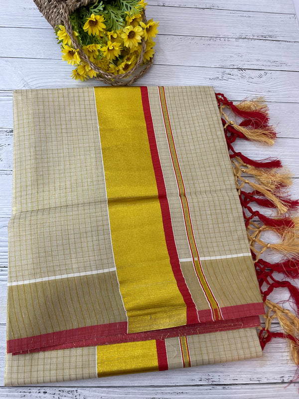 Kerala tissue saree - Gold checks