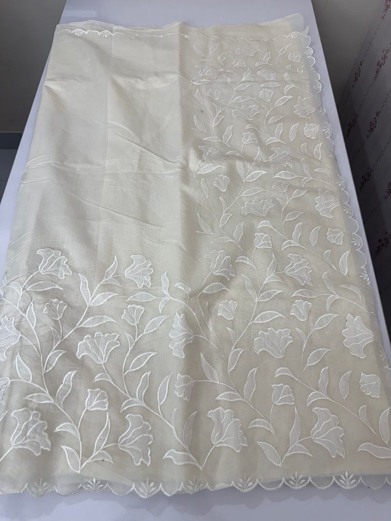 Mul chanderi applique work saree  MSH115 - Offwhite