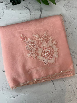 Crush Organza saree with applique work MBS676 Pastel PeachyPink