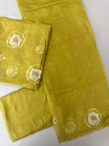 Unstitched Malai chanderi suit set with applique work- MK157 GreenyMustard