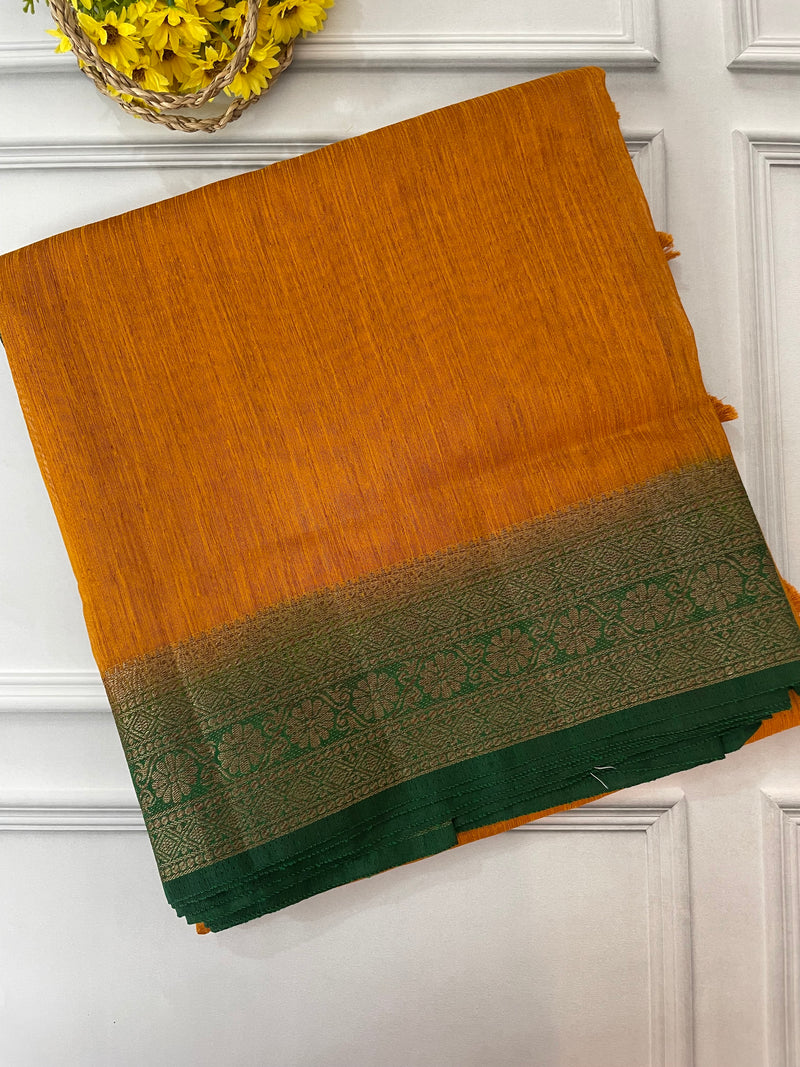 Jute silk sarees with contrast pallu & blouse MJL324 - Mustard to Green