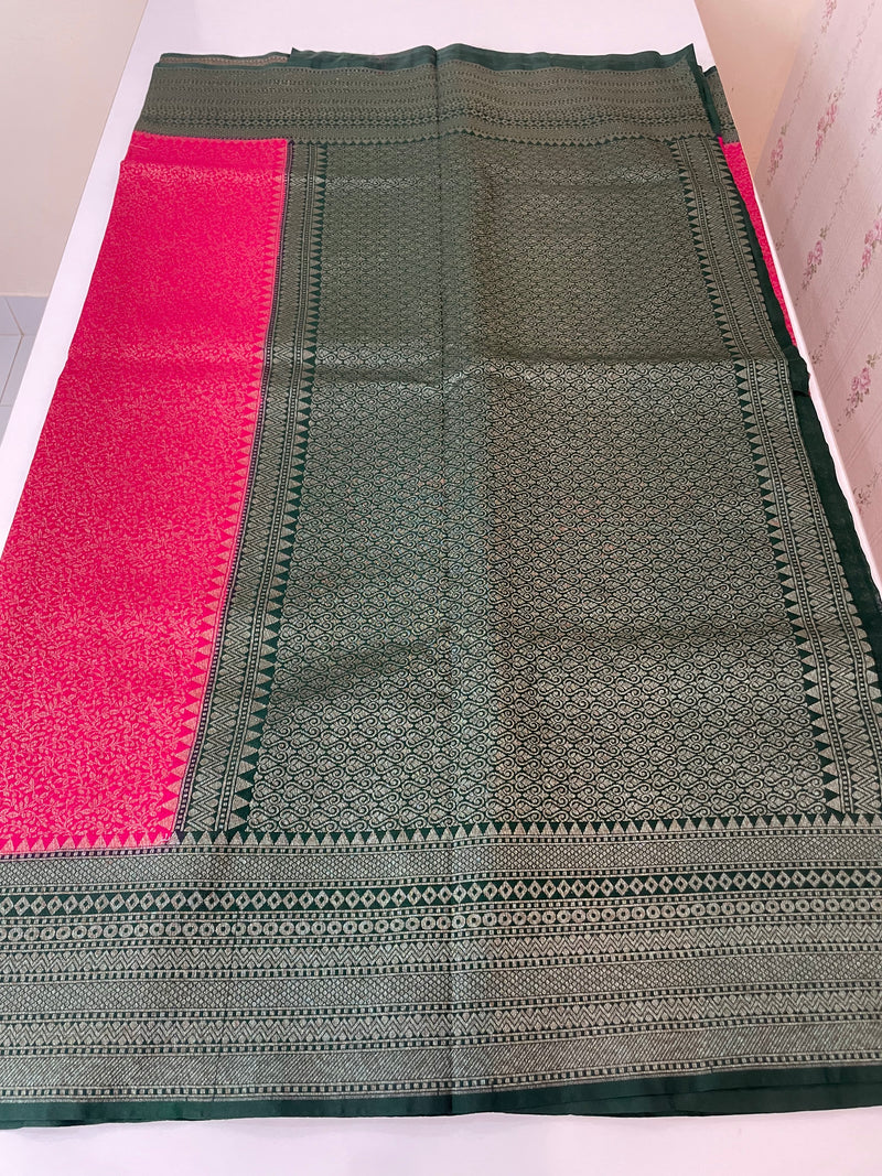 Banarasi semi katan saree with contrast border MS6665 - Pink to Green