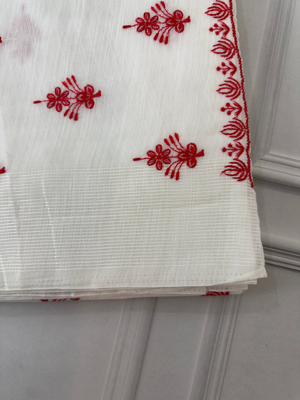 Slub cotton embroidery saree MSCB654 White & Red