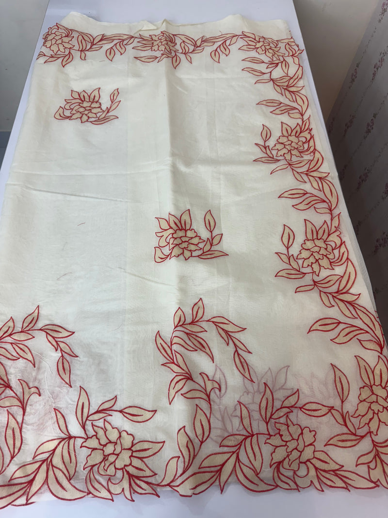 Mul chanderi applique work saree  MSH137 - Cream & Red