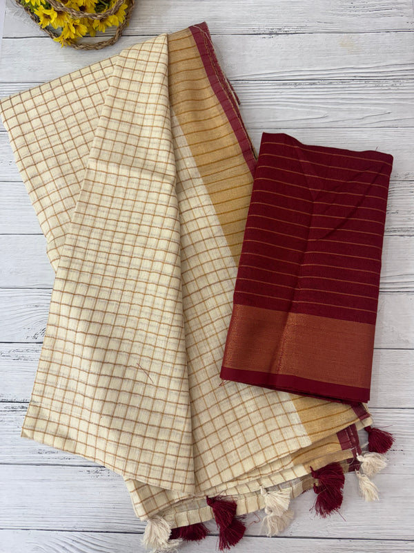 Linen checks saree with zari border MLS9766- Cream & MaroonRed