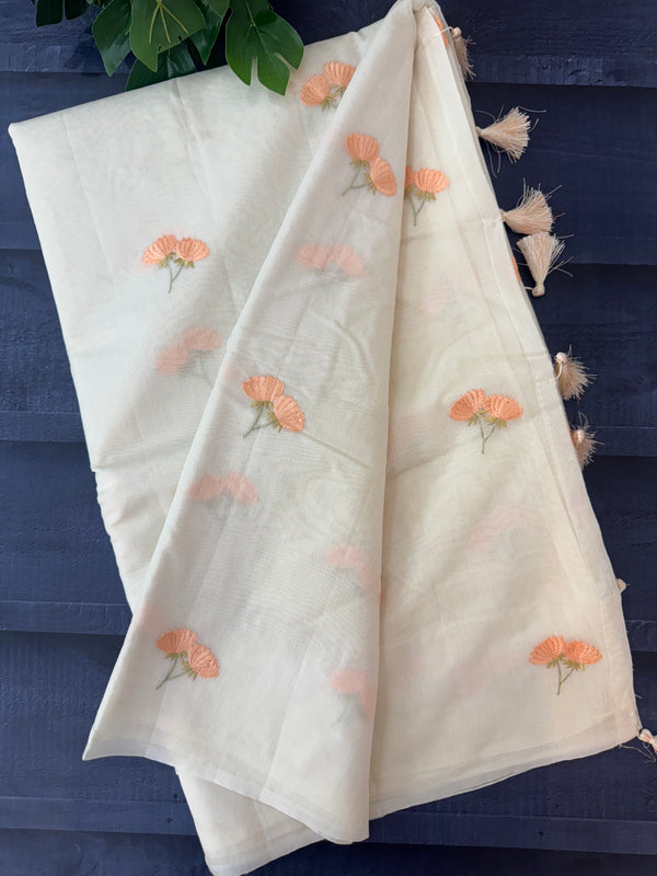 Mul chanderi saree with embriodery MSH114- Peach flowers