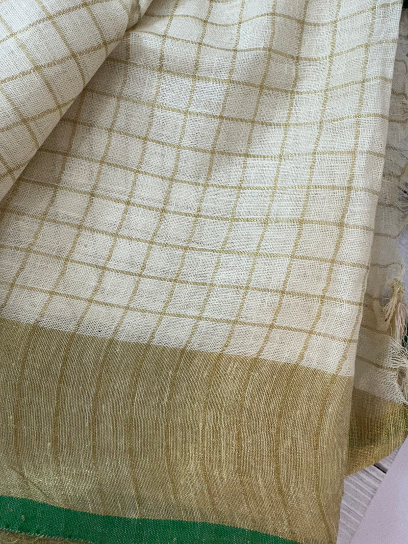 Linen checks saree with zari border MLS9766- GREEN