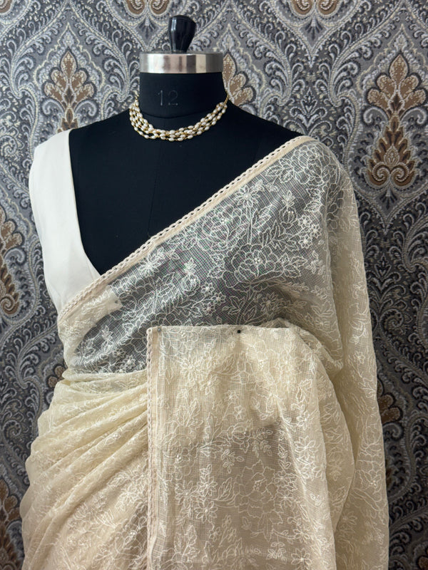 Chanderi tissue silk saree with embroidery work MS5541- Beige