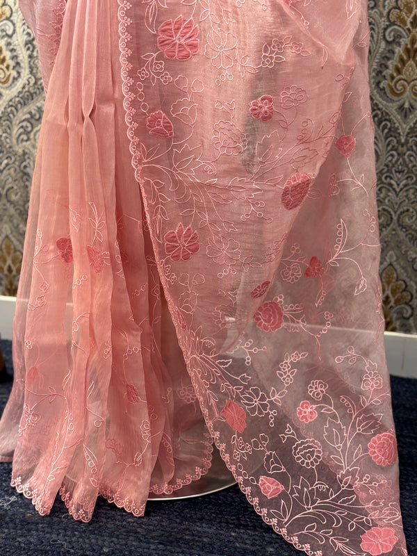 Tissue Organza Applique work saree MS14053- PeachPink