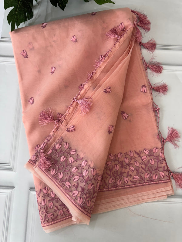 Semi Organza thread work saree MOST541 PeachPink