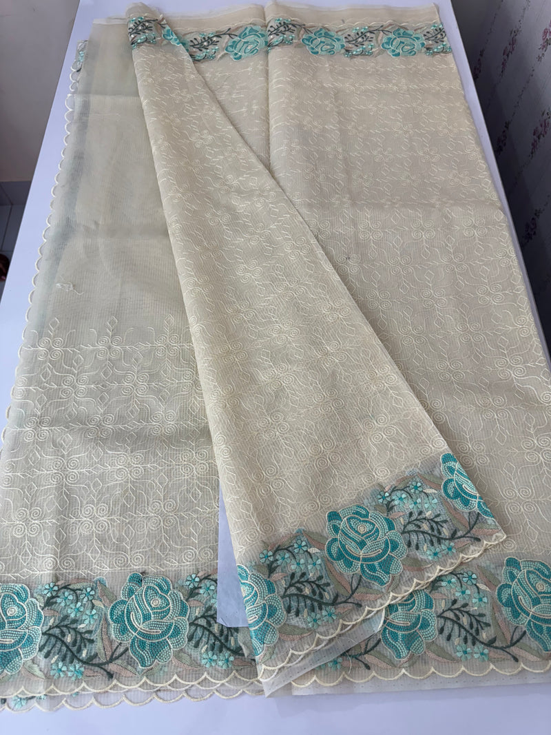 Phulkari NetKota embroidery saree - MSH107 Offwhite to Blue