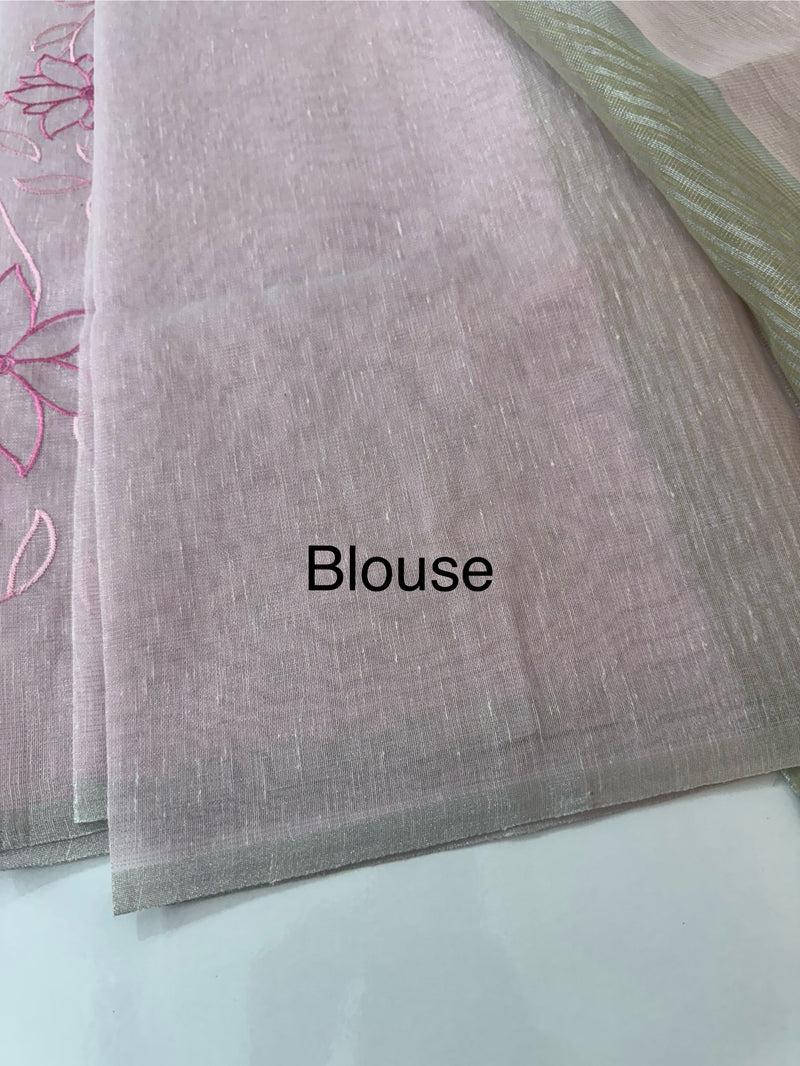 Tissue Linen Saree with embroidery MRS786 - PastelPink