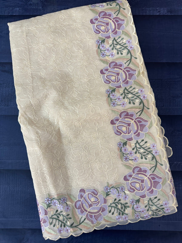 Phulkari NetKota embroidery saree - MSH107 Offwhite to Lavender